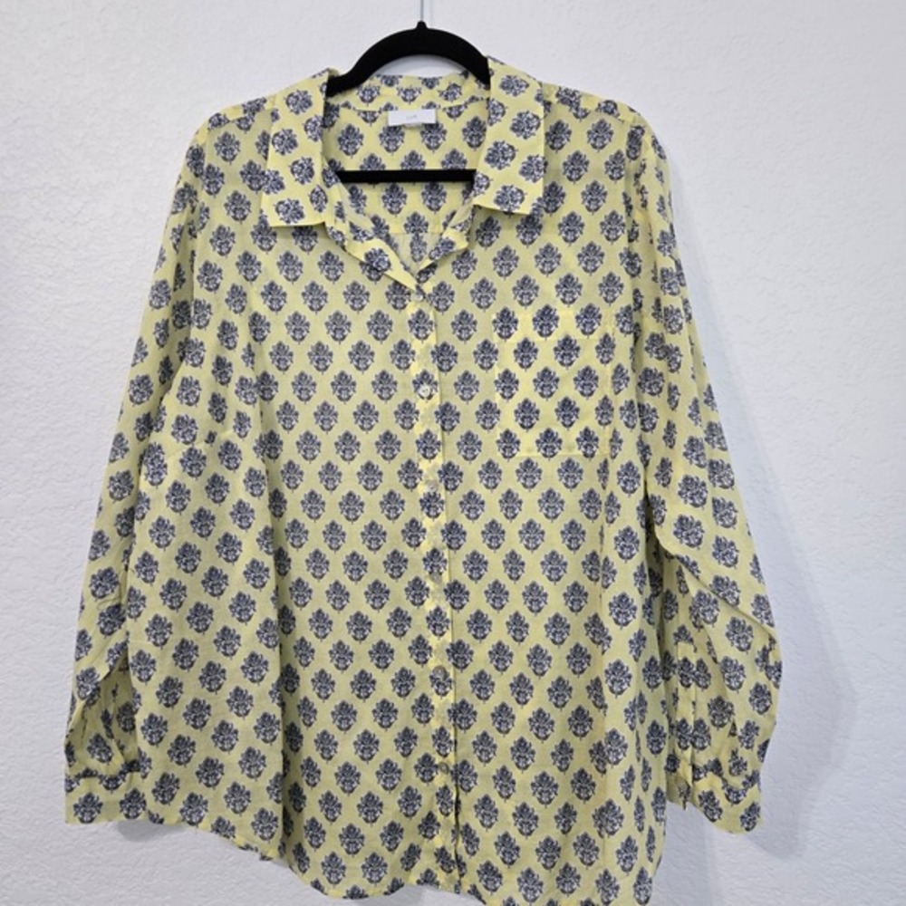 J‎ Jill Womens XL Yellow Blue Floral Long Sleeve Button Down Shirt
